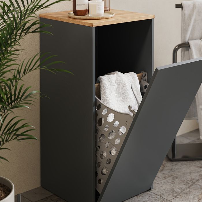 Armoire De Salle De Bain Viktor 40 Cm - Anthracite/chêne Doré - Avec Panier à Linge Intégré
