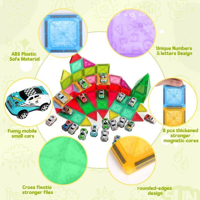 Lubardy Tuiles Magnétiques 78 Pièces – Blocs 3D Montessori STEM, Aimants Puissants, ABS, Avec 20 Voitures, Cadeau Dès 3 Ans