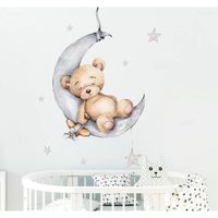 Stickers muraux dessin animé ours en peluche dormant sur la lune et les étoiles A