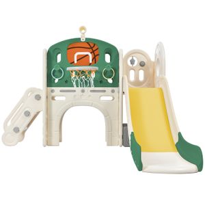 TOBOGGAN Toboggan combiné pour enfants, avec toboggan long, coffre de rangement, tunnel, échelle d'escalier, panier de basket,Vert