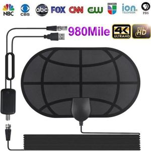 Antenne TV intérieure Noir antenne HDTV numérique Intelligente de 150 Milles Chaînes Locales Gratuites 1080P 4K Câble Coaxial 4m VHF UHF FM Amplificateur Booster Signal 