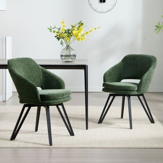 Lot De 6 Chaises De Salle à Manger HWC-O77 - Tissu Chenille Vert Olive - Pivotantes - Avec Accoudoirs