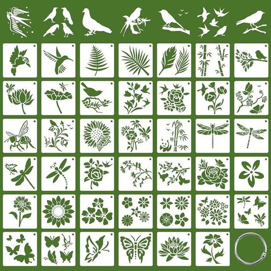 60 Pochoirs Réutilisables Motifs Nature - Fleurs, Animaux - Avec Anneau Fer - Pour DIY, Décoration