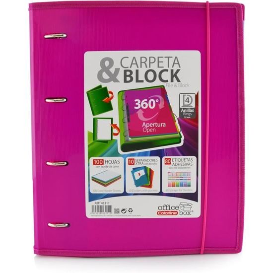 Classeur & Bloc Notes A4 Colorline - 4 Anneaux, 100 Feuilles, 10 Intercalaires, 80 Auto-collants | Polypropylène Recyclable, Fermeture Élastique