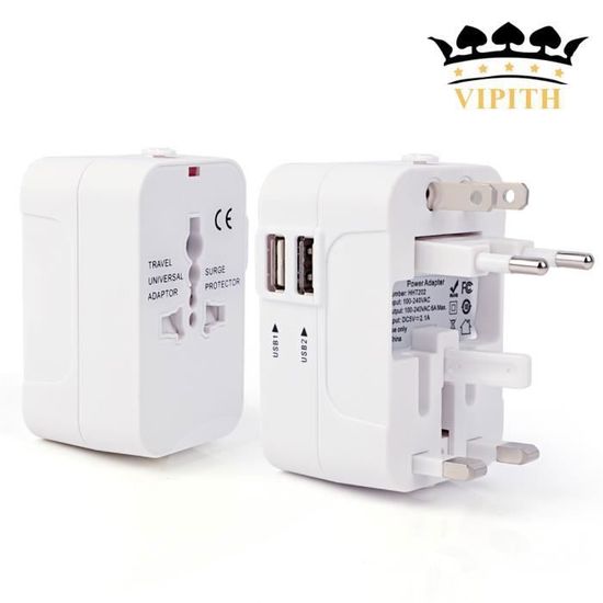 Adaptateur de voyage, adaptateur universel UK/Europe/US/Australie, prise internationale avec 2