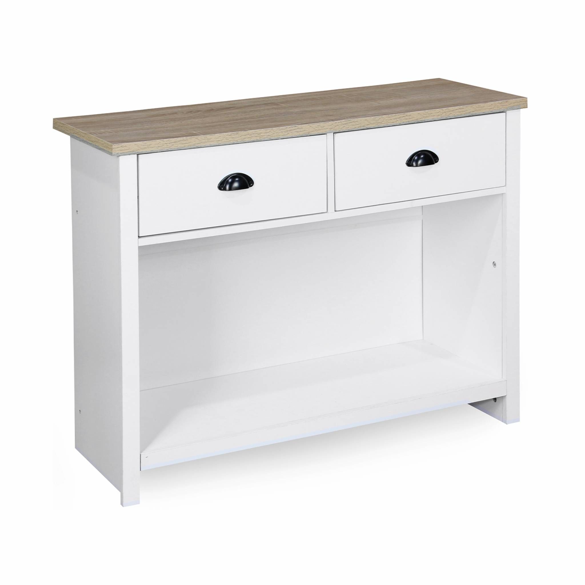 Console en bois blanc 97x35x76cm - Cottage - avec 2 tiroirs de rangement