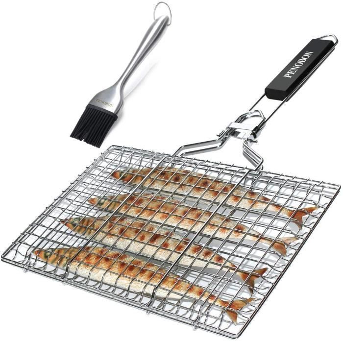 Penobon - panier grille pour barbecue, pliable en acier inoxydable, pour la cuisson des poissons, légumes ou crevettes, avec poignée