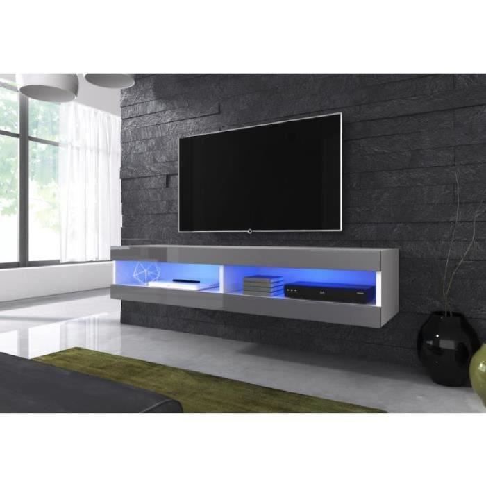 Meuble TV flottant Volanti 150 cm Avec LED (corps mat noir - Gris haute brillant Avant)