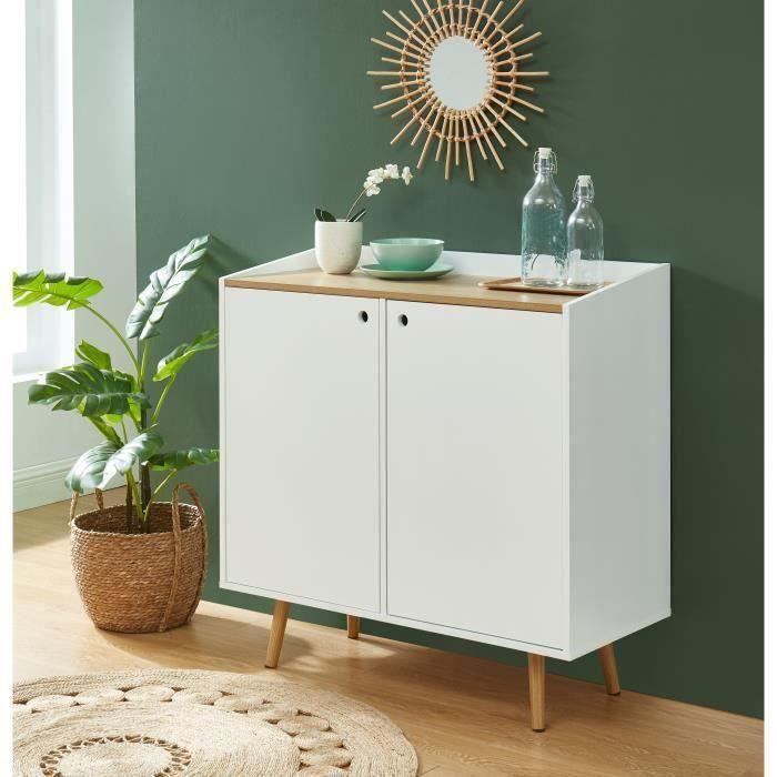 CALDERA Buffet 90cm, laqué blanc mat et plateau coloris bois