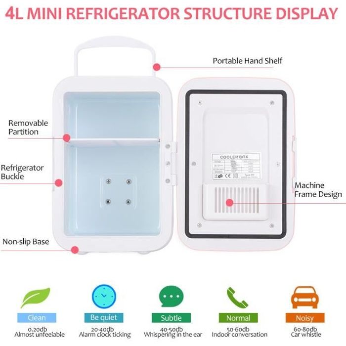 YOSOO Mini réfrigérateur 12V à faible bruit Mini réfrigérateur 4 litres / 6 bidons refroidisseur électrique et système