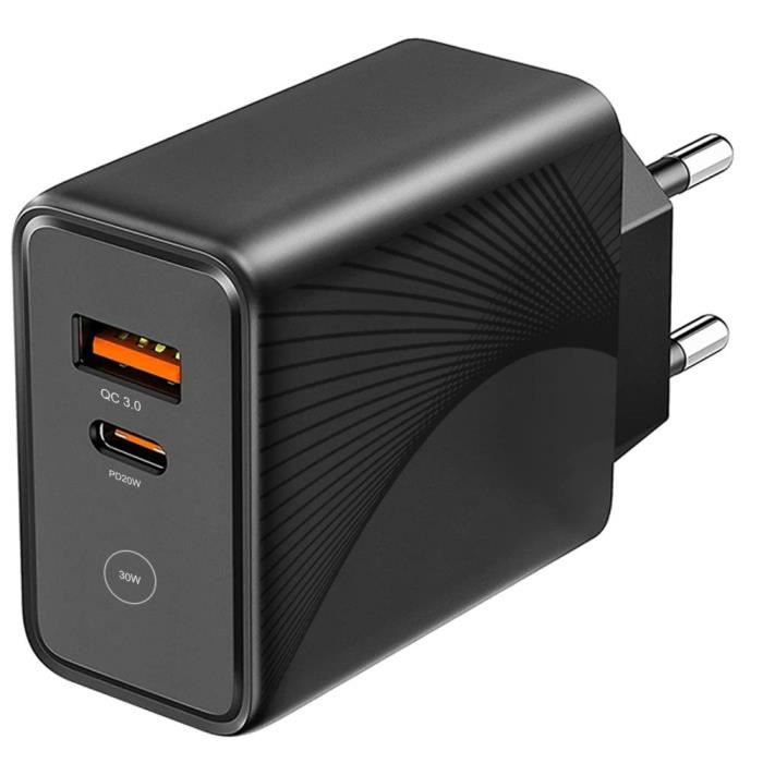 Chargeur Secteur Rapide 30W 2-Port pour Redmi Note 9S Note 9 Pro Note 9T - Noir