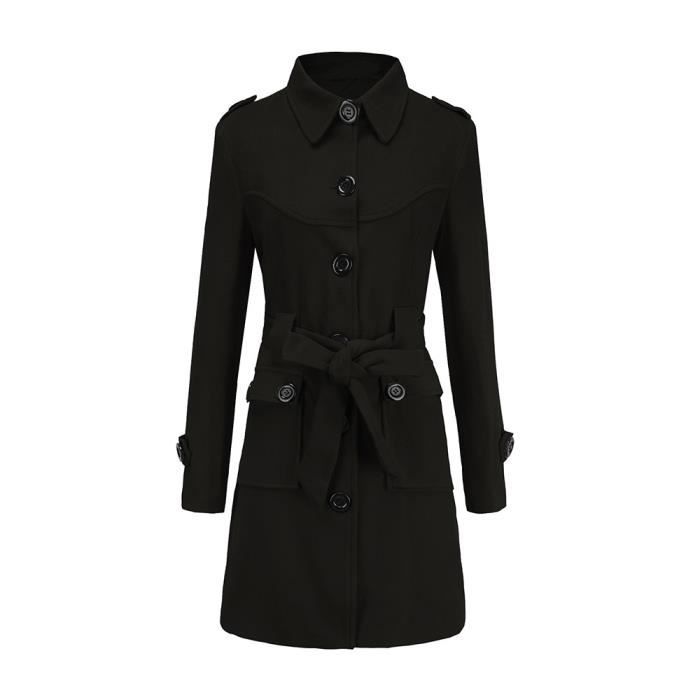 Femmes hiver chaud manteau en laine Trench veste ceinture pardessus Outwear Noir