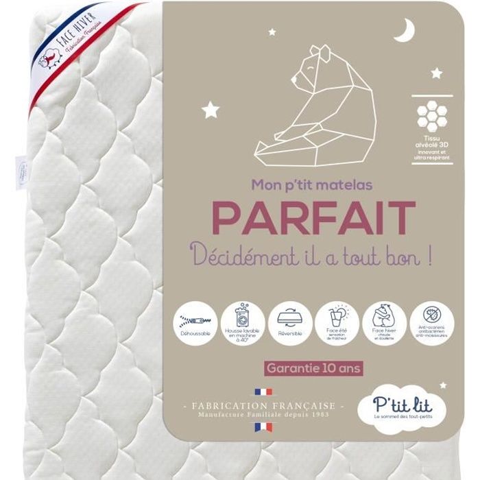 P'tit Lit - Matelas Bébé Parfait - 60x120 cm - 2 Faces : Ultra Respirant l'Été / Chaud et douillet l'Hiver - Anti Acarien -