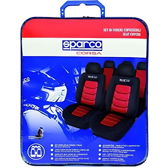 Sparco SP 90073 - AUTO/MOTO - HOUSSE SIEGE - Housse de Sièges aussi pour Side-Airbags, Noir/Rouge, 11 Pièces