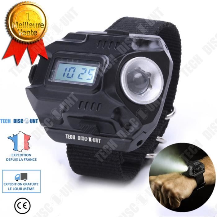 TD® montre LED lampe torche de poche lumière forte de poignet sports plein air nuit camping randonnée noir batterie lithium 4 blocs