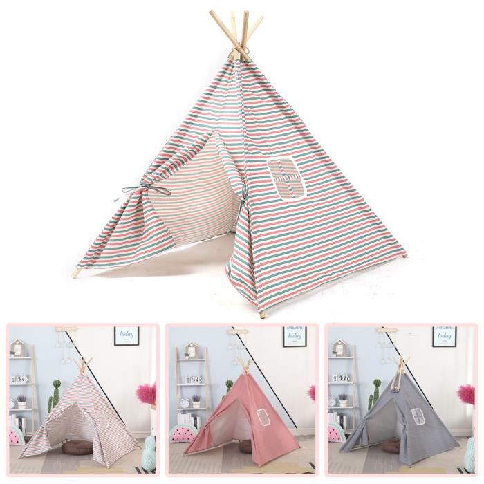 TEMPSA Tente Tipi Enfant - Coton et Chanvre+Bois de Tung rose vert 120x120x165CM