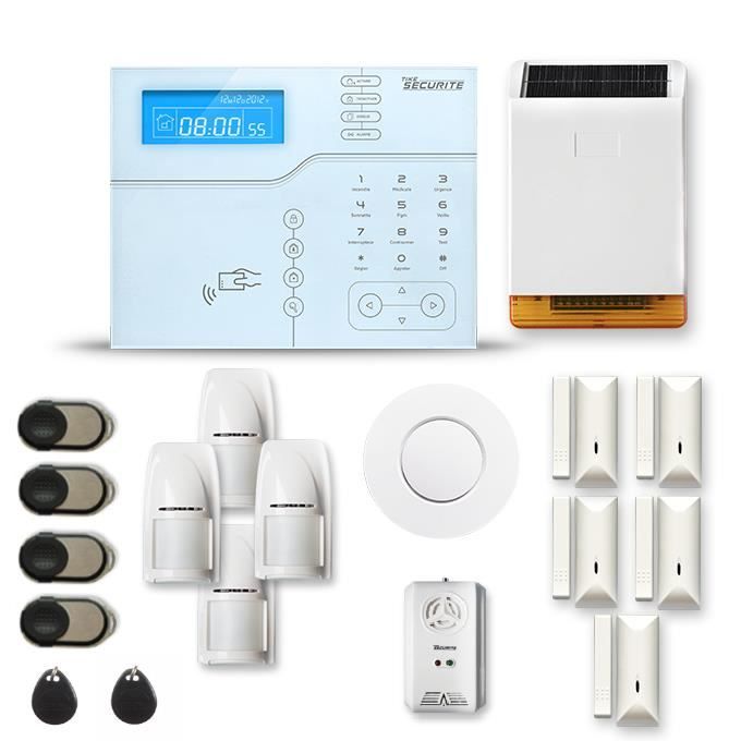 Alarme maison sans fil SHB V2 4 à 5 pièces mouvement + intrusion + détecteur de fumée + gaz + sirène extérieure solaire - Avec GSM