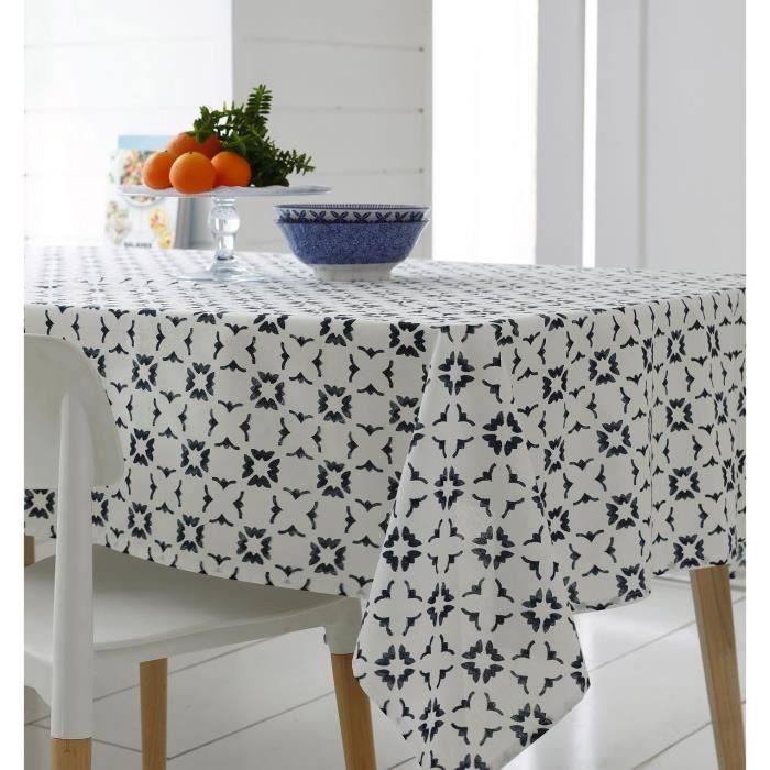 Nappe Belem coton motifs géométriques bleu ovale 170x240 - Tradilinge