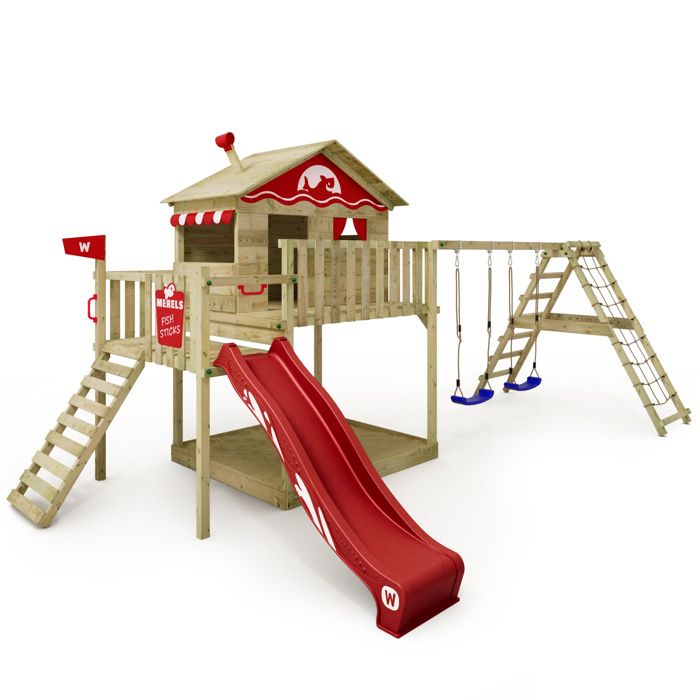 WICKEY Aire de jeux Portique bois Smart Ocean avec balançoire et toboggan rouge Maison enfant sur pilotis avec bac à sable