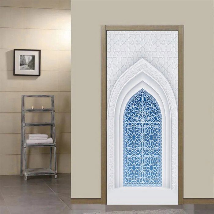 Sticker Porte Vitrail 3D Amovible - Motif Floral Art Nouveau 63x205 Cm - Décor Murale Pour Chambre Salon