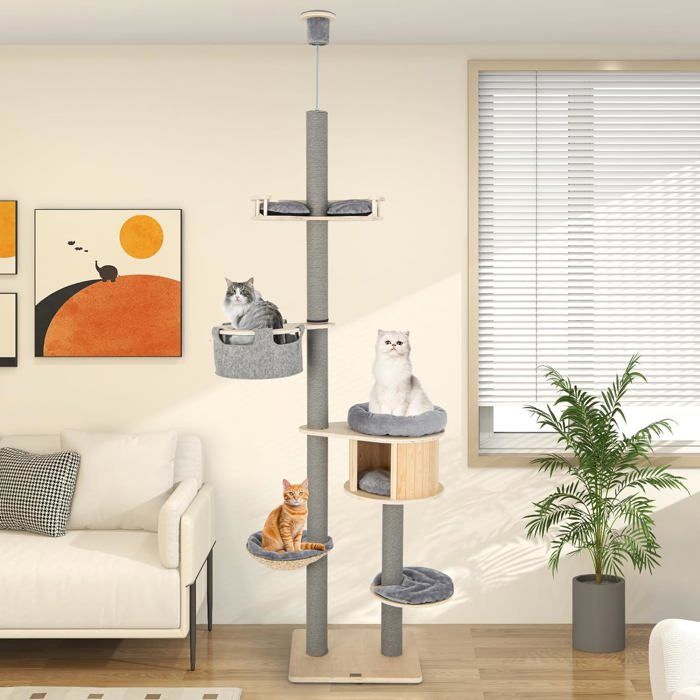 Comparer les prix de GOPLUS Arbre à Chat du Sol au Plafond en Bois, Hauteur Réglable de 255 à 280 cm, avec Griffoirs, Condo, Hamac