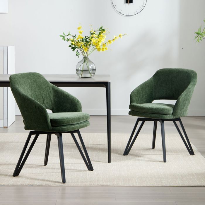 Lot De 6 Chaises De Salle à Manger HWC-O77 - Tissu Chenille Vert Olive - Pivotantes - Avec Accoudoirs