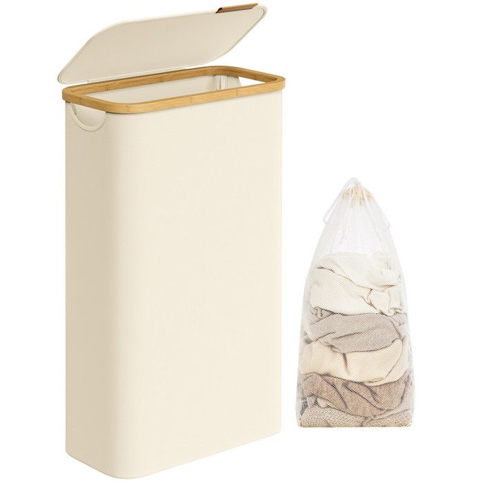 Coffre à Linge Relaxdays 63L - Bois Noyer, Sac Amovible, 65,5x45x45 Cm, Blanc