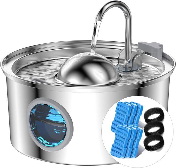 Comparer les prix de Fontaine A Eau Chat Avec Fenêtre Transparente,3,2L Fontaine À Eau Pour Chat En Acier Inoxydable,6 Pièces Filtre À Charbon