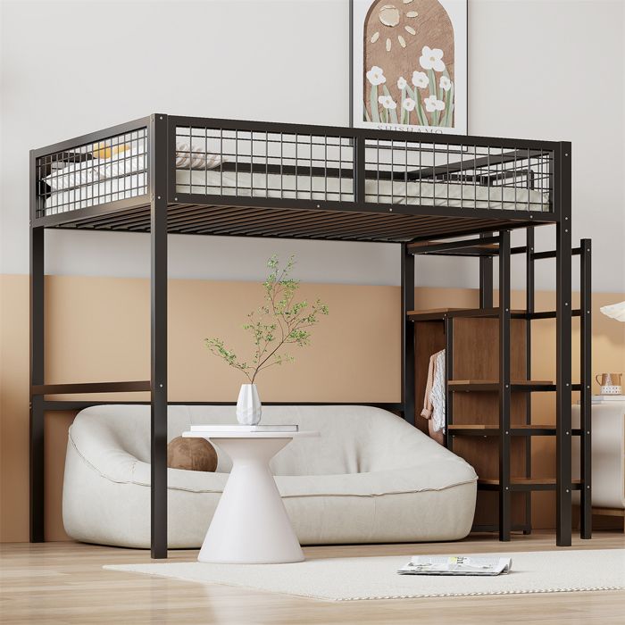 Lit Mezzanine 140x200 avec Armoire Lit Mezzanine 2 Places pour Enfant Adulte Ado avec Escalier étagère de Rangement Métal Noir
