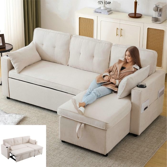 Canapé dangle convertible - LANGTU - Modèle L211 - 3 places réversible - Tissu coton/lin beige - Porte-gobelet & coussins