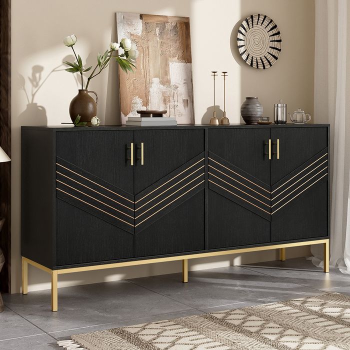 Buffet Moderne 4 portes design élégant Noir et Or MDF avec pieds métal grande capacité étagères réglables