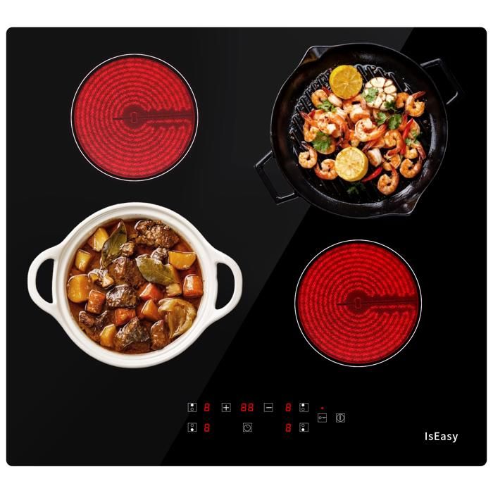 Table de Cuisson Vitrocéramique - ISEASY - 4 Feux - 6000W - Noir - Encastrable 59x52cm
