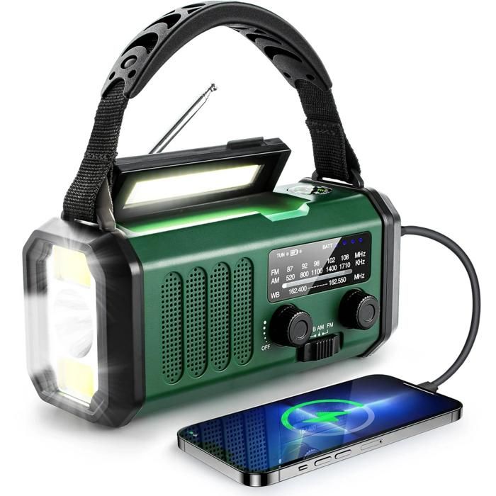 Radio portable FM/AM/WB solaire rechargeable par USB 10 000 mAh lampe torche LED SOS urgence extérieure vert armée