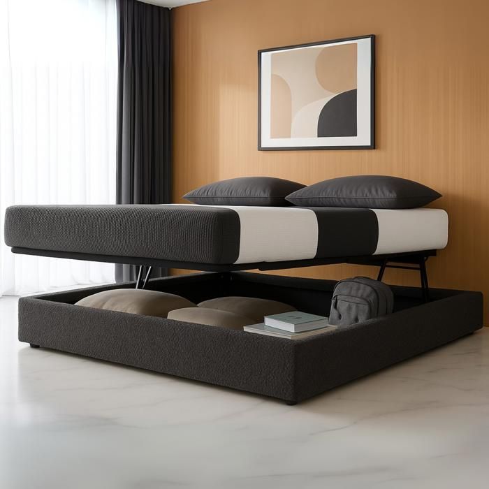 Lit coffre à ouverture horizontale et frontale - 160 x 200 cm - tissu bouclette gris clair