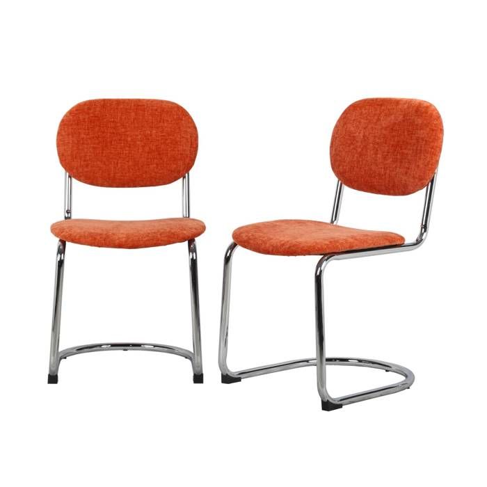 Lot de 2 chaises cantilever arrondie métal. tissu chenille orange et pieds chromés - L 47 x P 54.5 x H 81cm - Maloa Lot de 2 chaises cantilever arrondie métal. tissu chenille orange et pieds chromés - L 47 x P 54.5 x H 81cm - Maloa