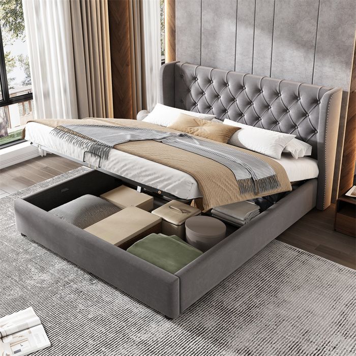 Lit double rembourré velours gris 140x190 cm avec coffre hydraulique et sommier à lattes