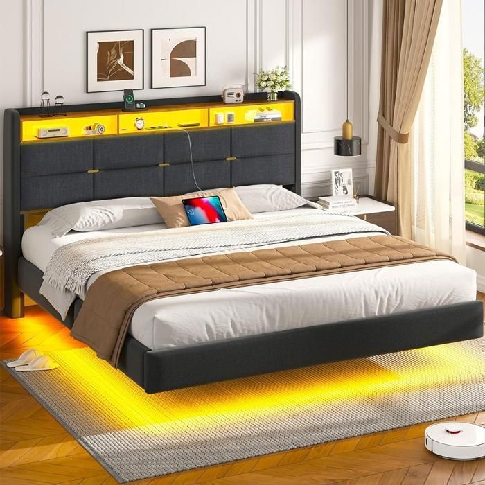 Lit 160x200 cm avec Sommier - Lit Coffre 2 Personnes avec Rangement - Lit Flottant avec LED - Prise Intégrée - Gris