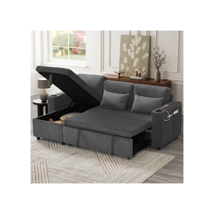 Three-in-One Convertible Corduroy Sofa Bed with Storage Recliner, L ...