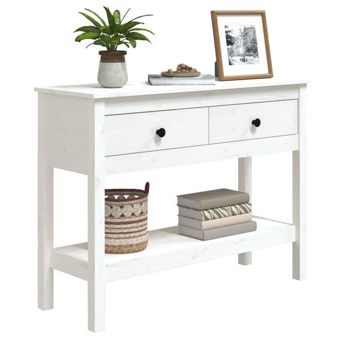 Table console en bois - vidaXL - Blanc - 100x35x75 cm - Bois de pin massif - 2 tiroirs - Étagère ouverte - Robuste