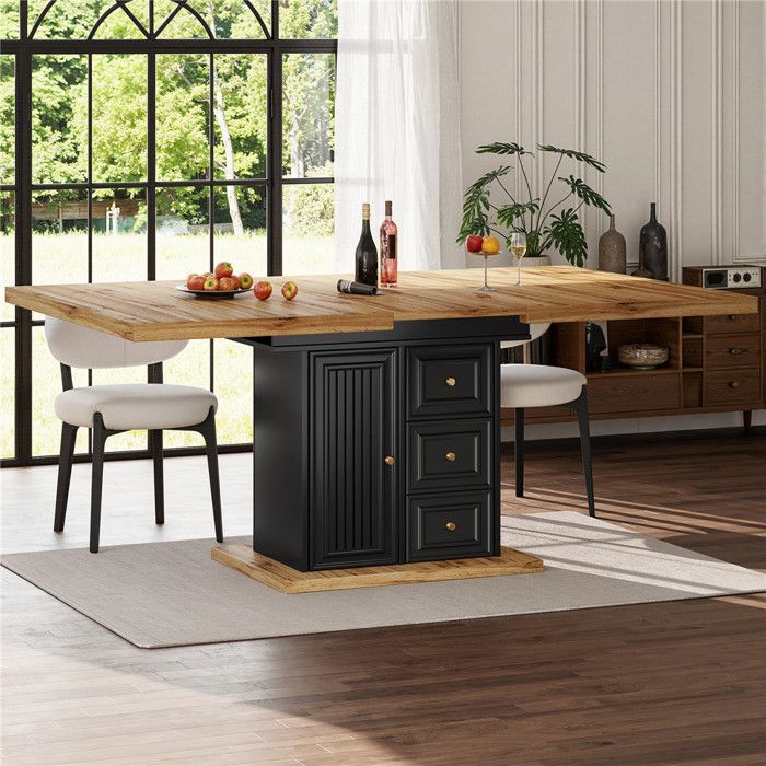 Table cuisine extensible bois 4 à 6 personnes table salle à manger rangement avec 2 tiroirs étagère et porte 110–140x80 cm Noir
