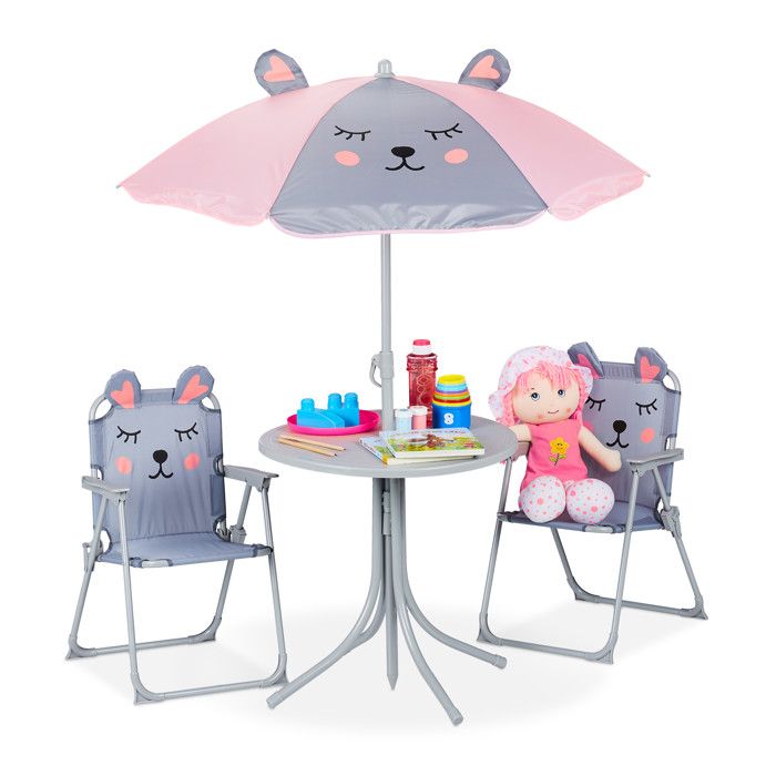 Relaxdays Set mobilier enfant Camping motif souris avec parasol chaises pliantes et table jardin gris