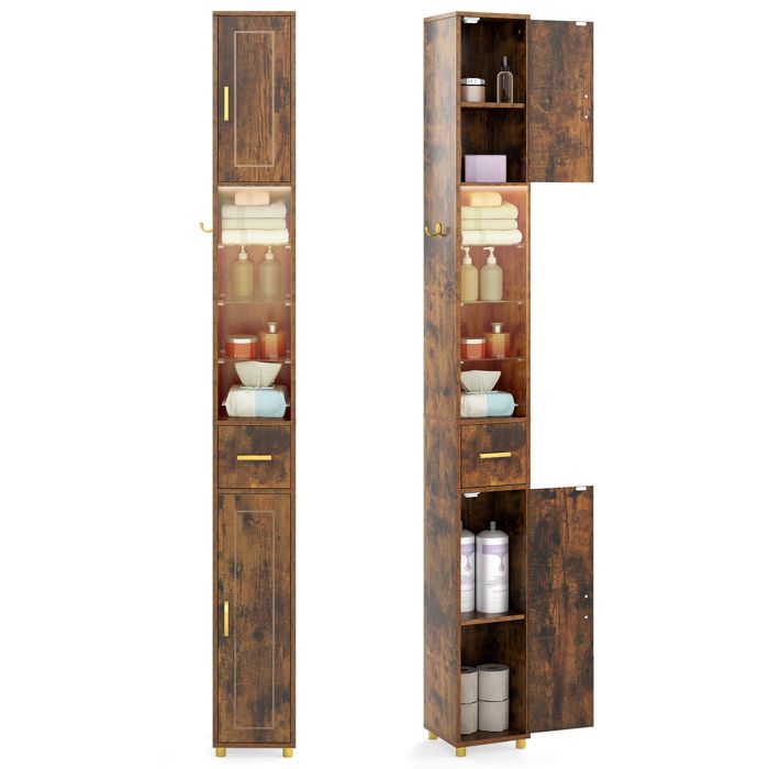 COSTWAY Meuble Colonne de Salle de Bain - LED 3 Couleurs 2 Placards à Porte 1 Tiroir 3 Étagères en Verre Trempé Réglables Marron