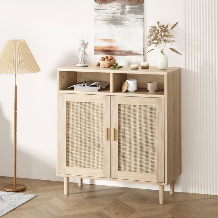 Buffet Moderne Buffet bahut avec 2 portes en rotin 2 Rangement ouverts 80x40x92 cm bois naturel
