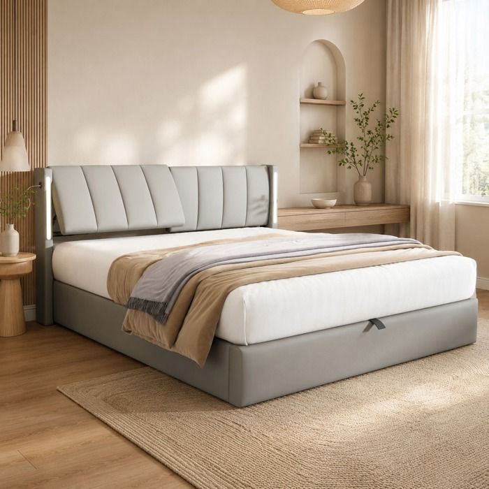 Lit coffre rembourré FloraGrace 140x190 cm PU gris