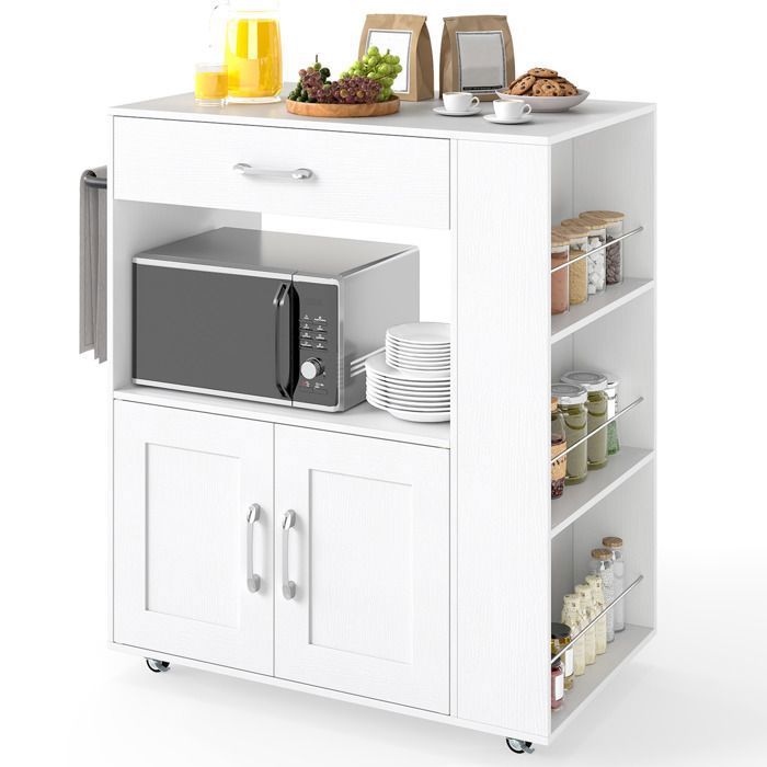 Desserte de Cuisine COSTWAY Roues Verrouillables Cube Ouvert Étagères Tiroir Porte-Serviettes pour Salon Salle à MangerBlanc