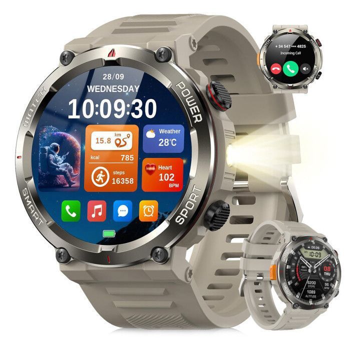 Blackview W50 Pro Montre Connectée 960 mAh 1.45 Appel Bluetooth Illumination à LED Analyse Sommeil pour Android/iOS Kaki