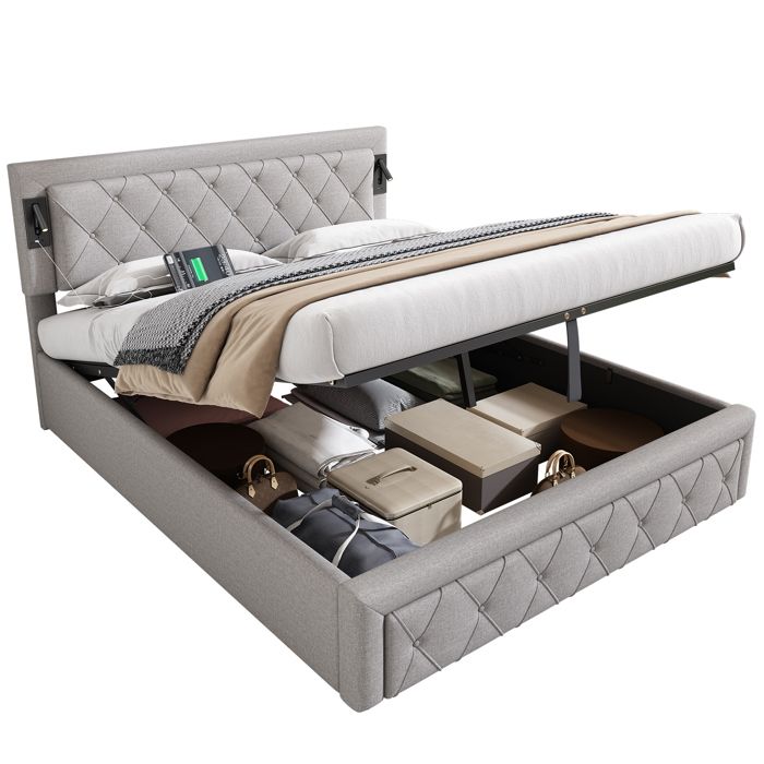 Lit Coffre 160x200 cm - Lit Double avec LED Rangement Hydraulique Tête Diamant - Ado et Adulte - Lin Gris - Sans Matelas