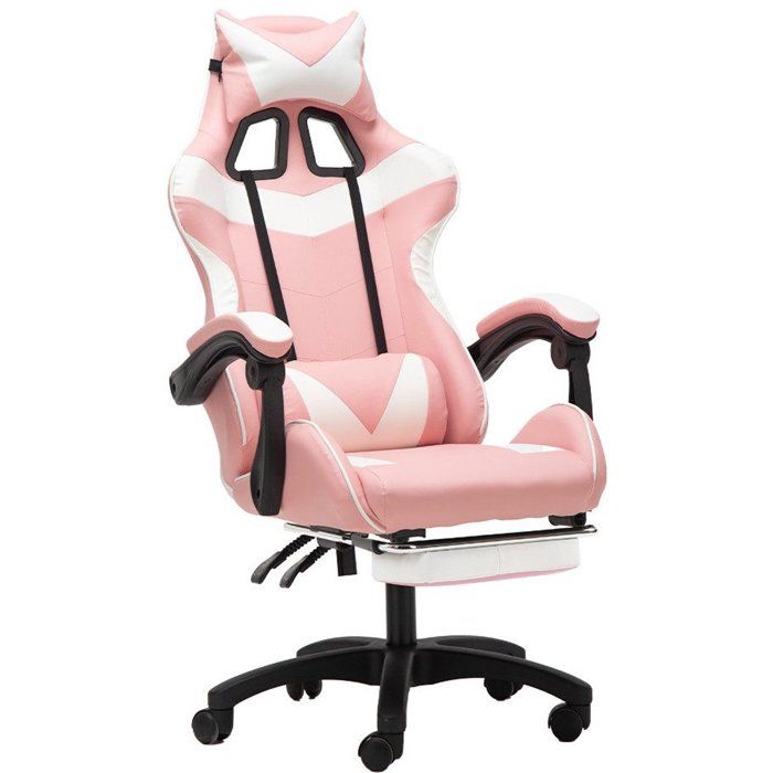 Chaise Gaming Ergonomique Rose Support Lombaire Repose-pieds Oreilles de Chat Coussin Tête Inclinaison Réglable