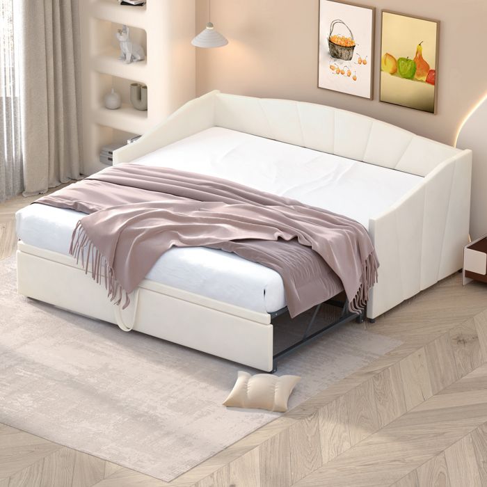 Lit Gigogne 90180x200 cm  Lit Adulte avec deux Couches Revêtement Velours Élégant Sans Matelas Beige