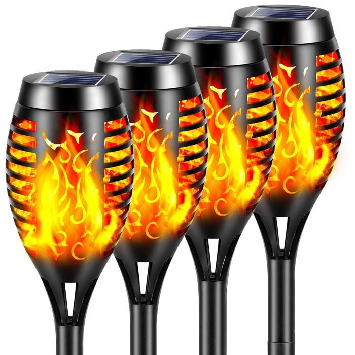 Lumières Flamme Solaire Exterieure 4 Pièces 12 LED Lampe Solaire Flamme Torche Jardin Exterieur Étanche IP65 [Classe énergétique G]